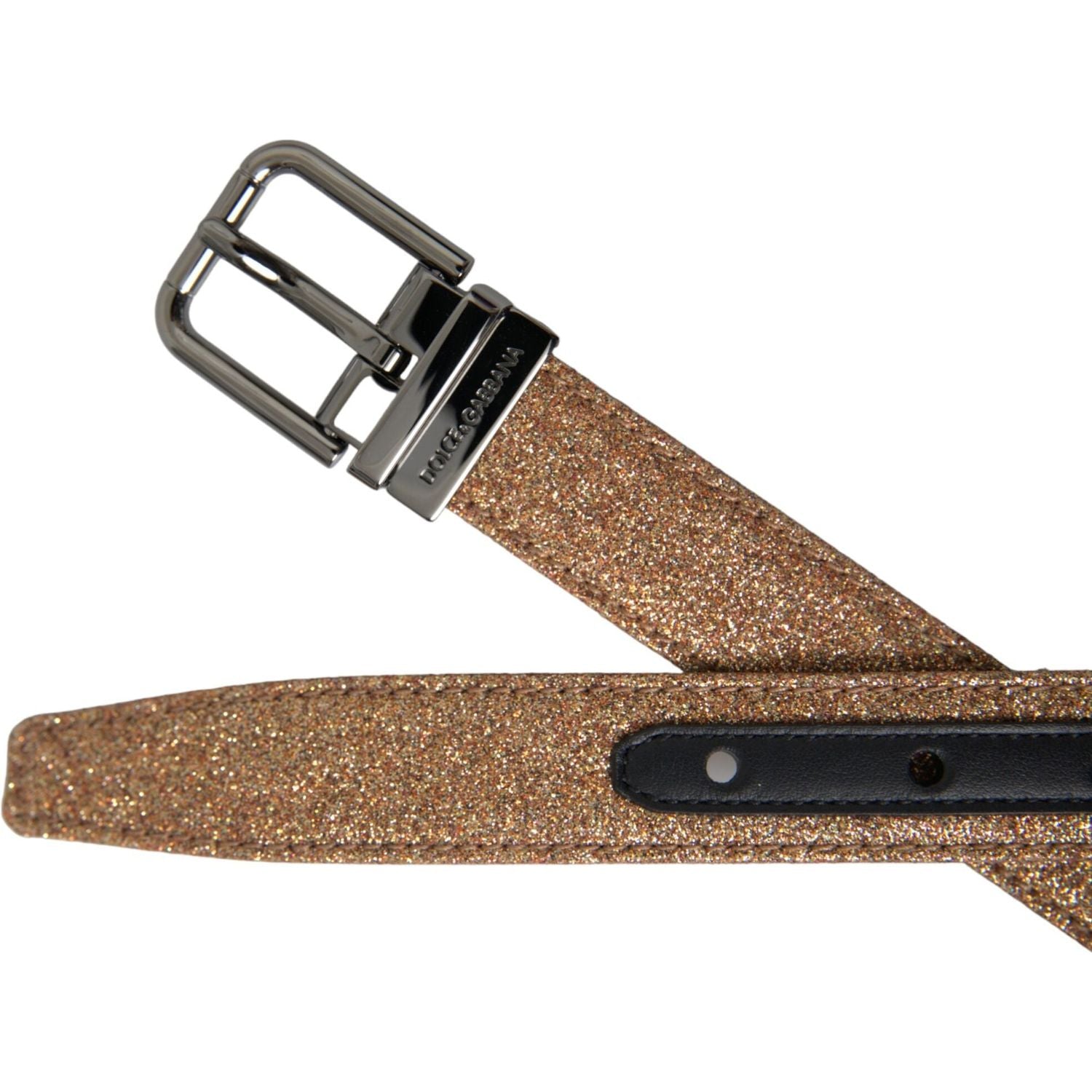 Dolce & Gabbana Gold Glitter Leather Silver Metal Buckle Belt