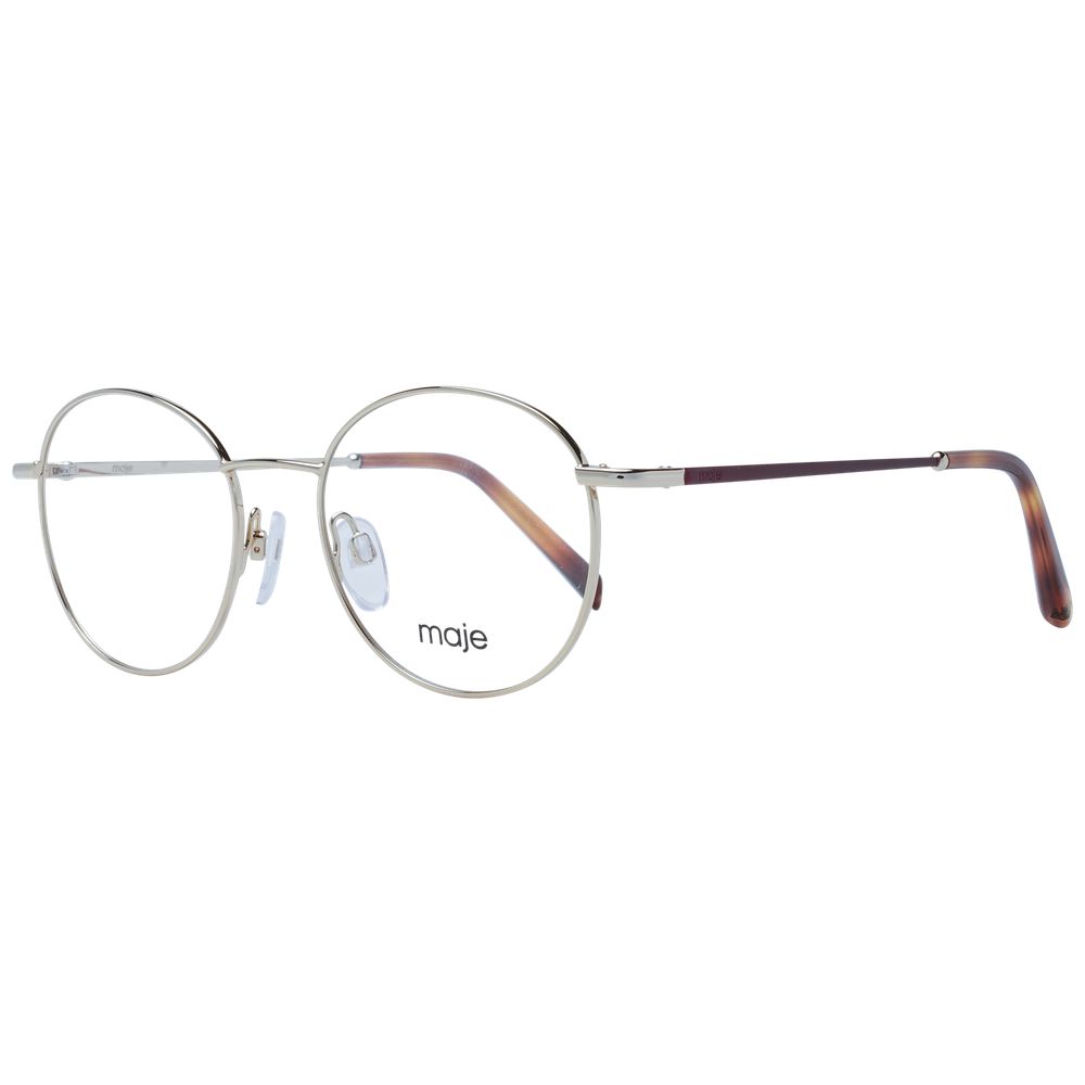 Maje Gold Women Glasses Frame with stainless steel full-rim, round design, demo lenses, and branded case. Size 48-17-140.