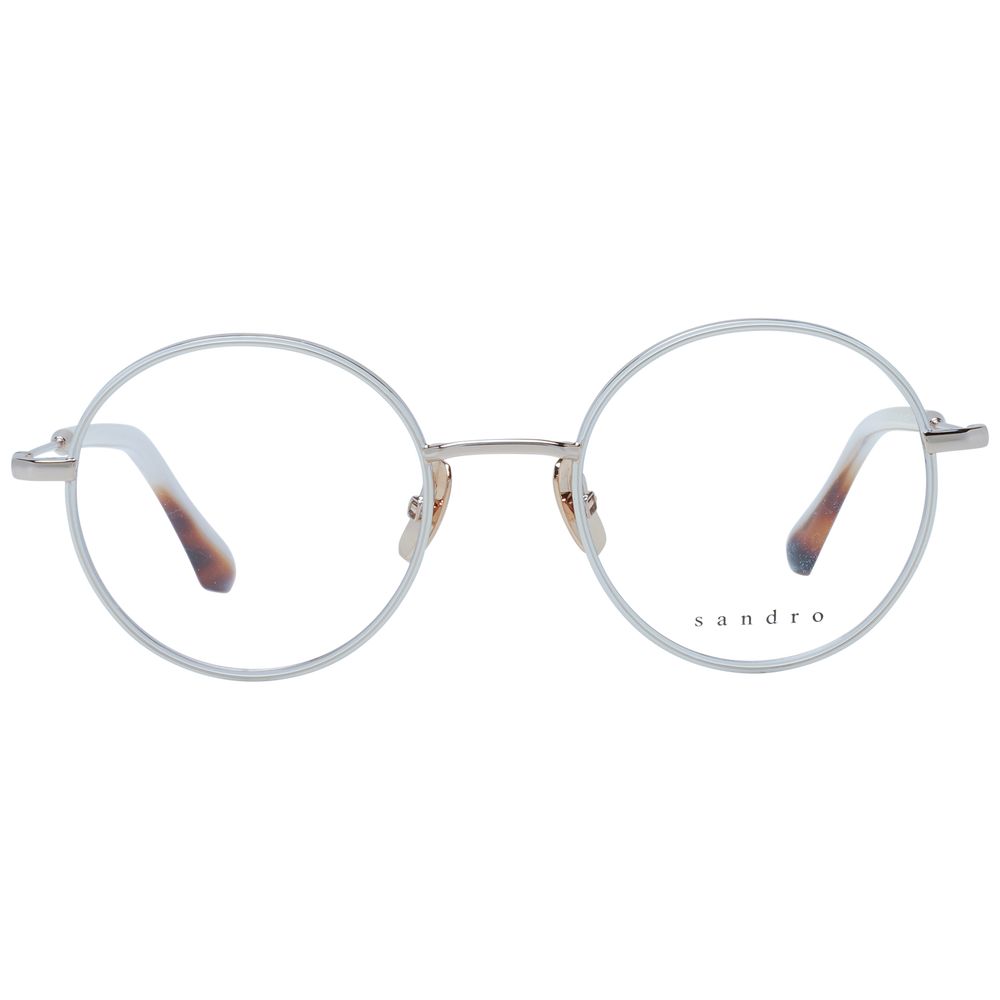 Sandro White Women Glasses Frame in stainless steel, full-rim style with demo lenses, 49-21-140 size, panto design, includes branded case.