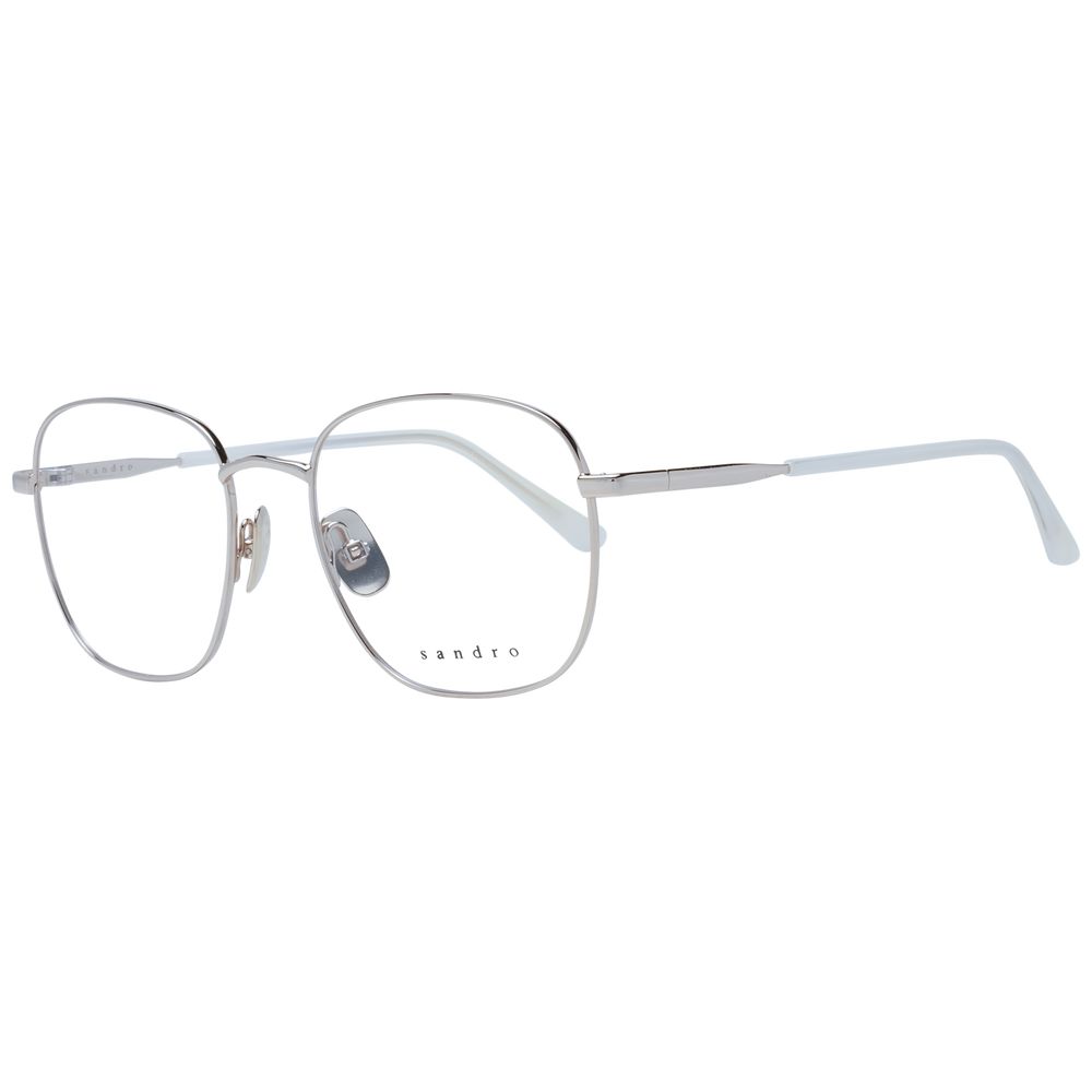 Sandro Silver Women Glasses Frame in stainless steel, square full-rim design with demo plastic lenses. Includes branded case.