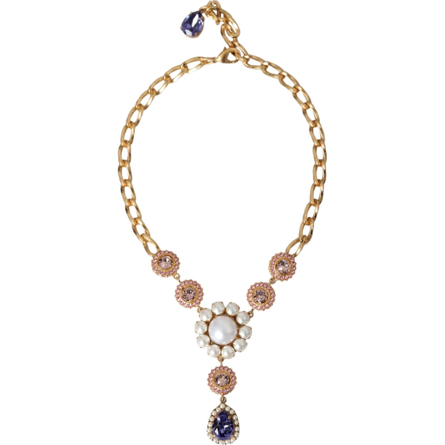 Dolce & Gabbana Gold Brass Crystal Purple Pink Pearl Pendants Necklace