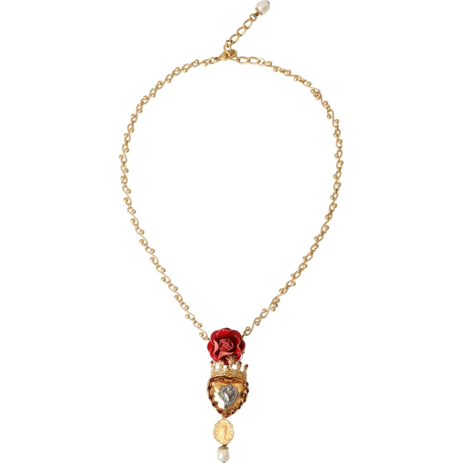 Dolce & Gabbana Gold BrassChain Sacred Heart Rose Crystal Charm Necklace
