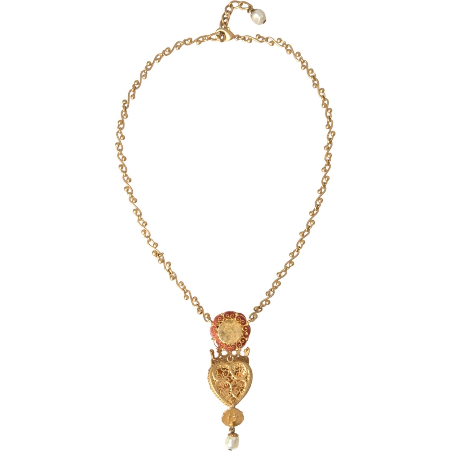 Dolce & Gabbana Gold BrassChain Sacred Heart Rose Crystal Charm Necklace
