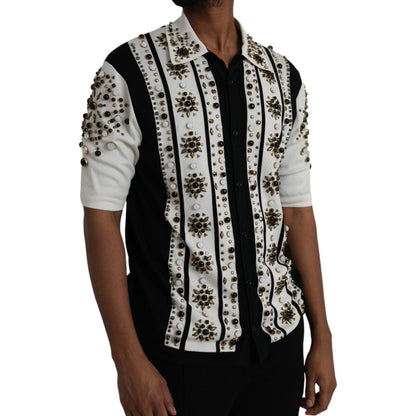 Dolce & Gabbana White Black Silk Studded Stone Crystal Shirt