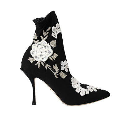 Dolce & Gabbana Black White Embroidery Slip On Boots Shoes