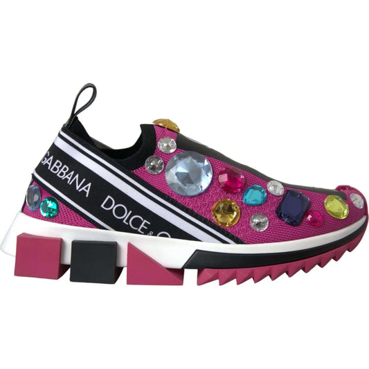 Dolce & Gabbana Sorrento Pink Sneakers with Rhinestones, Black Logo Band, and Rubber Sole. High-quality, Made in Italy.