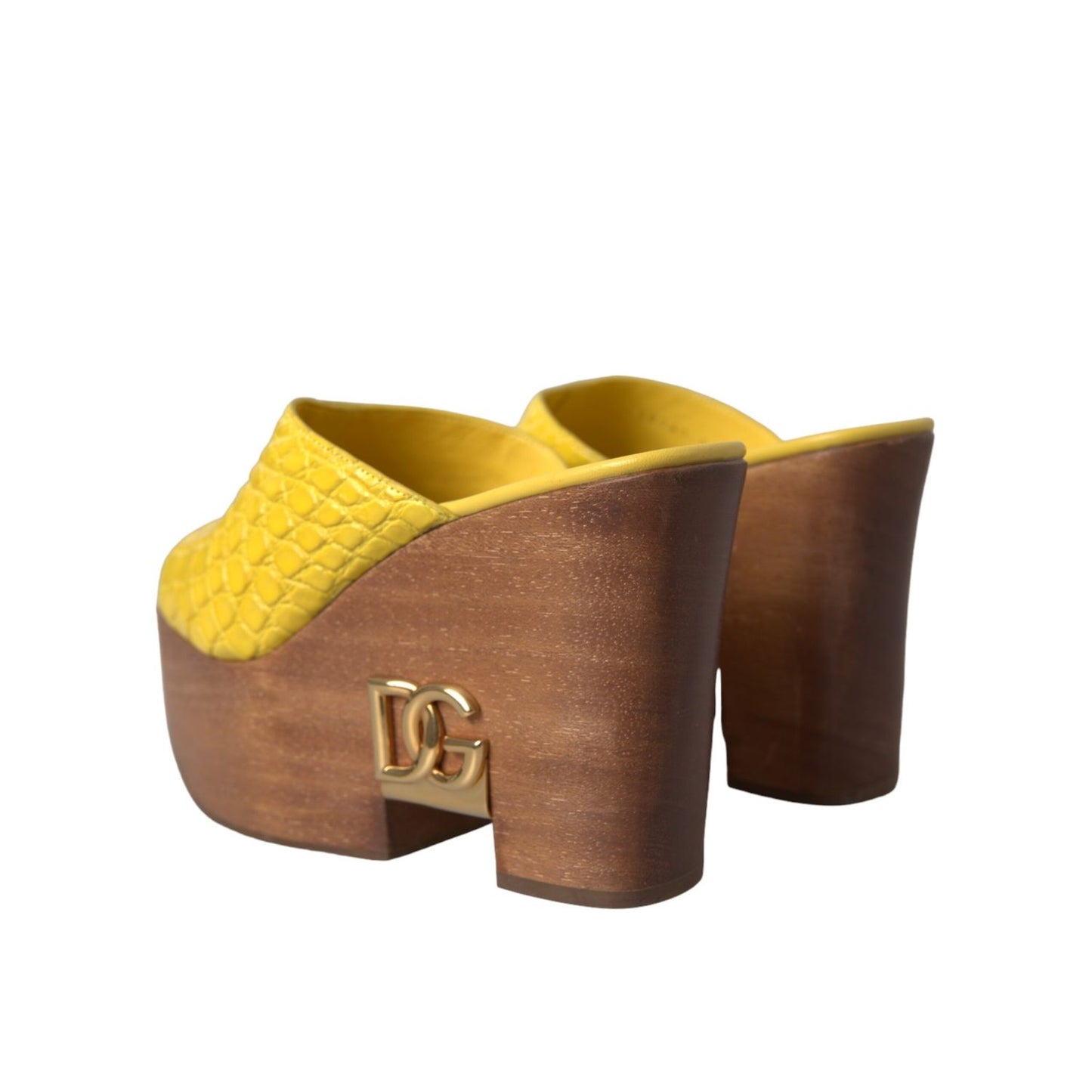 Dolce & Gabbana Yellow Leather Wood Mule Wedge Slides Shoes