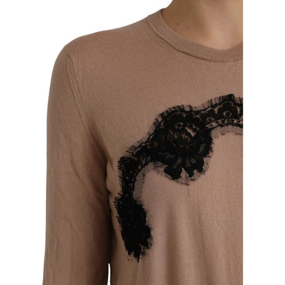 Dolce & Gabbana Brown Wool Black Lace 3/4 Sleeve Blouse Top