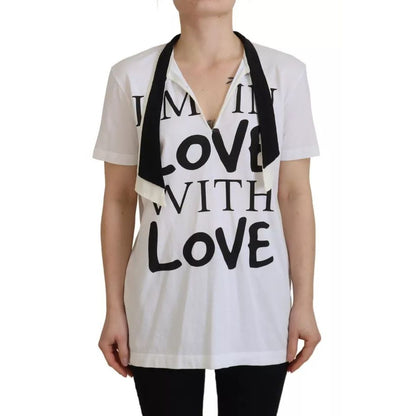 Dolce & Gabbana White Cotton Printed Ascot Collared T-shirt