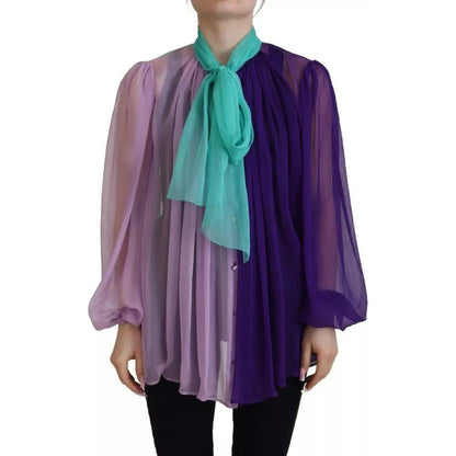 Dolce & Gabbana Multicolor Long Sleeves Ascot Collar Silk Top