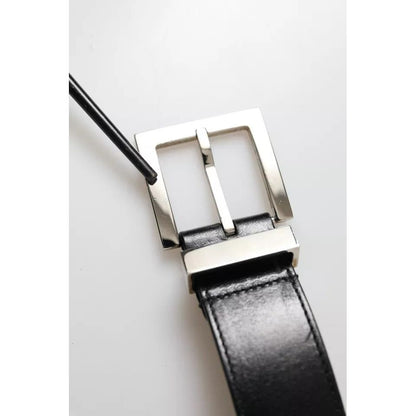 Dolce & Gabbana Black Leather Beige Strap Silver Metal Buckle Belt