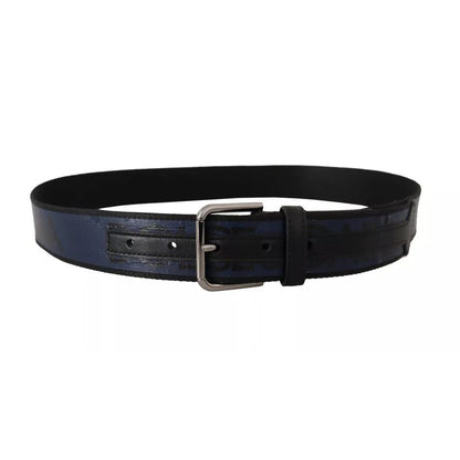 Dolce & Gabbana Blue Black Logo Print Silver Buckle Belt