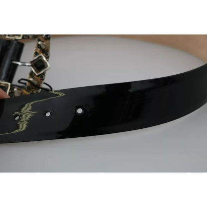 Dolce & Gabbana Black Shiny Leather Crystal Logo Buckle Belt