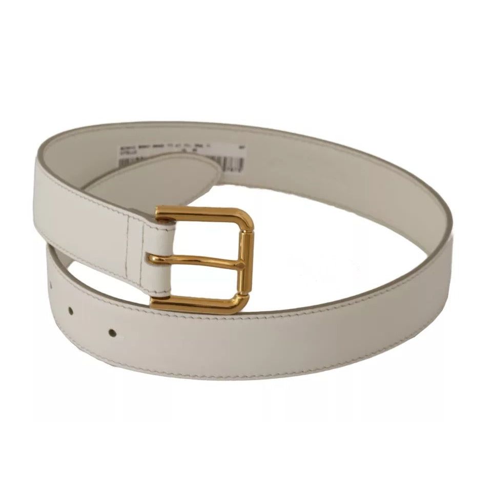 Dolce & Gabbana White Leather Gold Logo Engraved Metal Buckle Belt