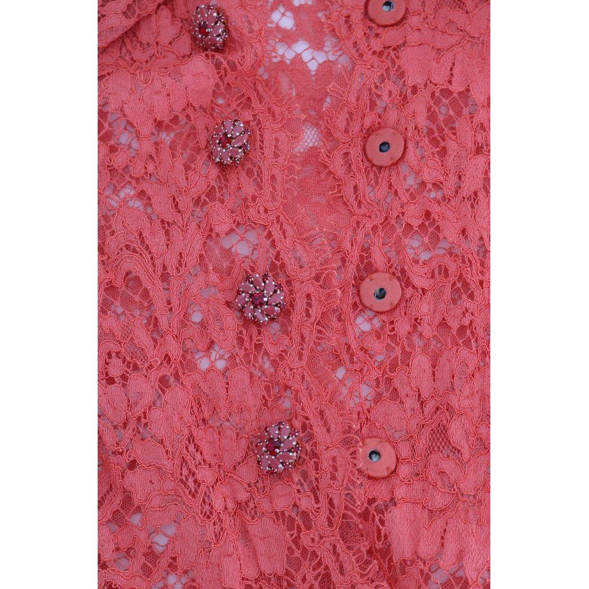 Dolce & Gabbana Orange Crystal Buttons Floral Lace Blouse