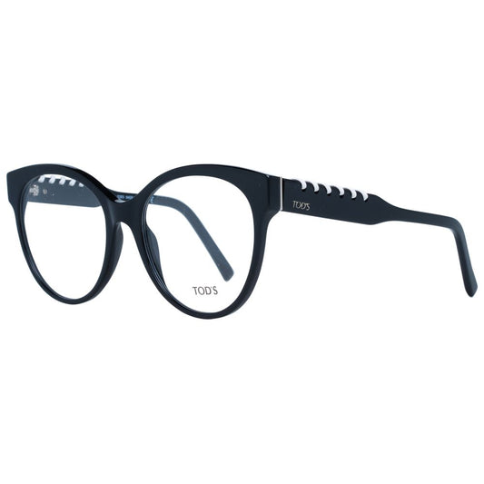 Tod's Black Women Glasses Frame, full-rim round style with black plastic frame and demo lenses, size 55-18-140, includes branded case.