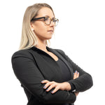 Woman wearing Sandro Multicolor Women Glasses Frame, showing side view with crossed arms, highlighting full-rim plastic design.