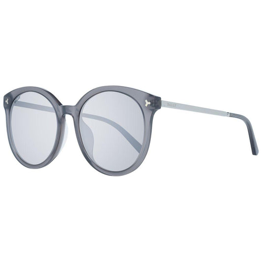 Bally gray cat-eye women's sunglasses with mirrored lenses, metal and plastic frame, full-rim style, 100% UVA/UVB protection.