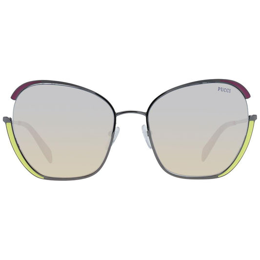 Emilio Pucci gray women's sunglasses with gunmetal full-rim metal frame and multicolor gradient butterfly lenses, includes branded case.