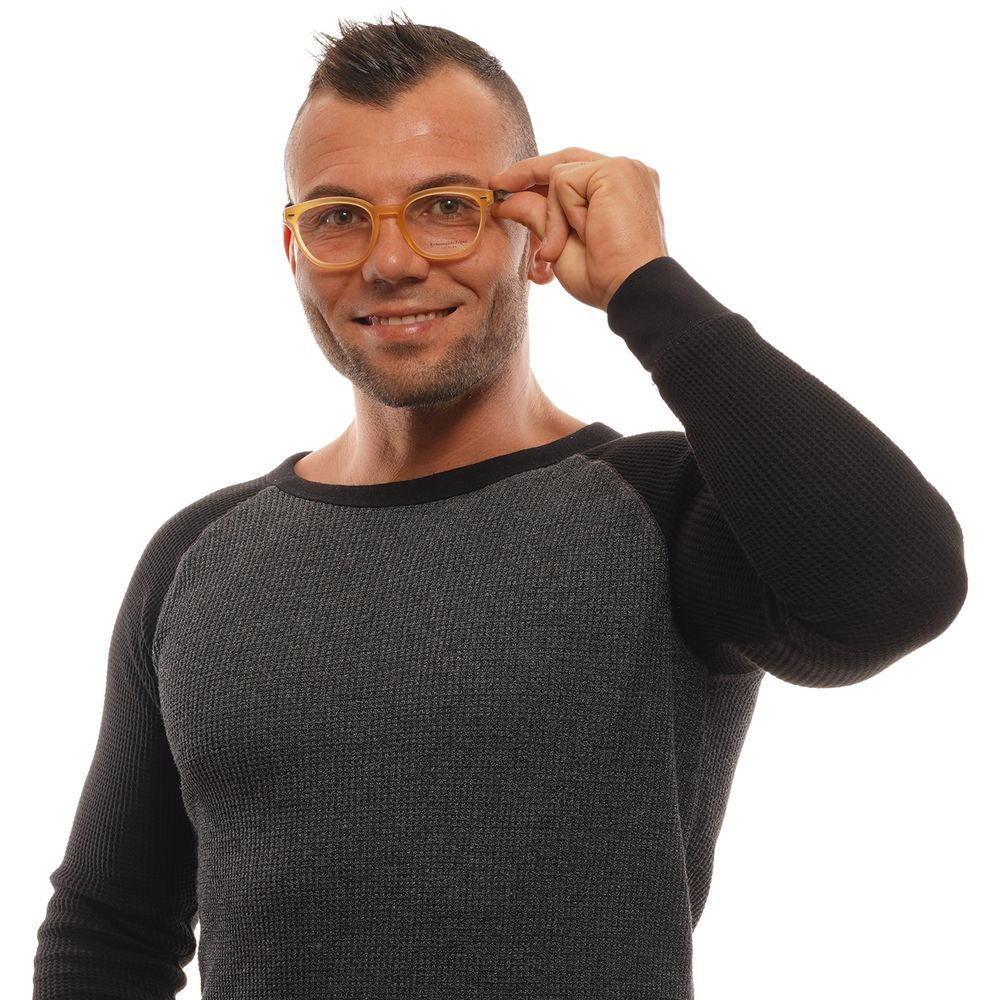 Man wearing Ermenegildo Zegna Orange Men Glasses Frame with honey color and round style, dressed in a black and gray sweater.