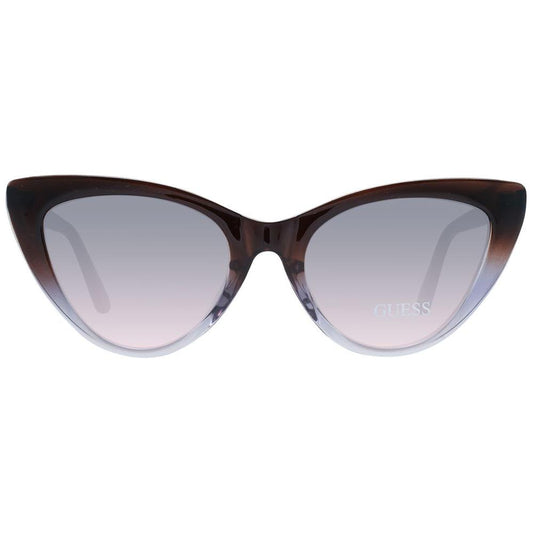 Guess brown cat eye women's sunglasses with purple gradient lenses and full-rim plastic frame, 100% UVA & UVB protection.