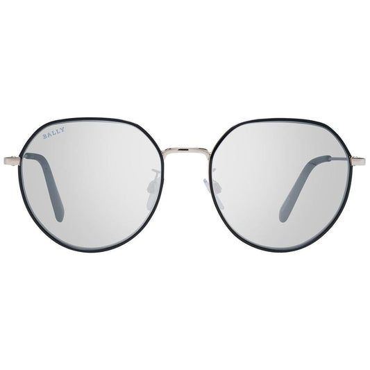 Bally black women's round sunglasses with mirrored grey lenses, metal frame, full-rim style, 100% UVA & UVB protection.