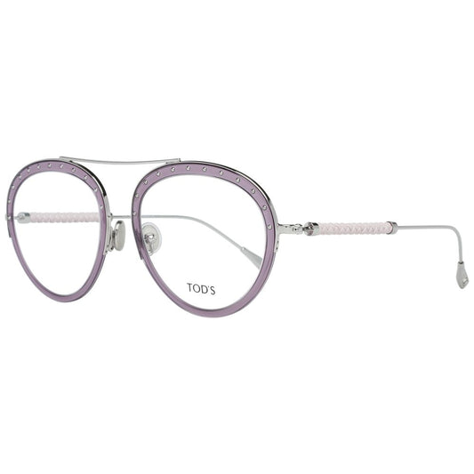 Tod's Purple Women Glasses Frame, round full-rim, metal & leather, silver finish, demo lenses, includes branded case.