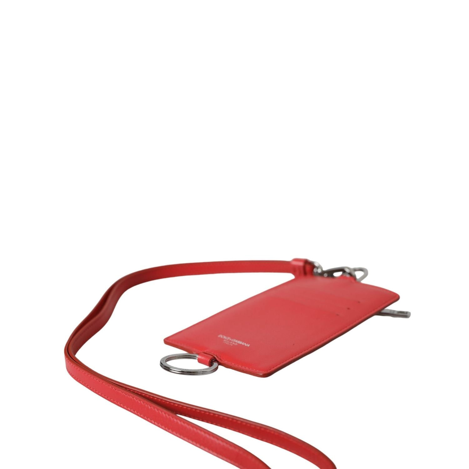 Dolce & Gabbana Red Calfskin Leather Lanyard Logo Card Holder Wallet