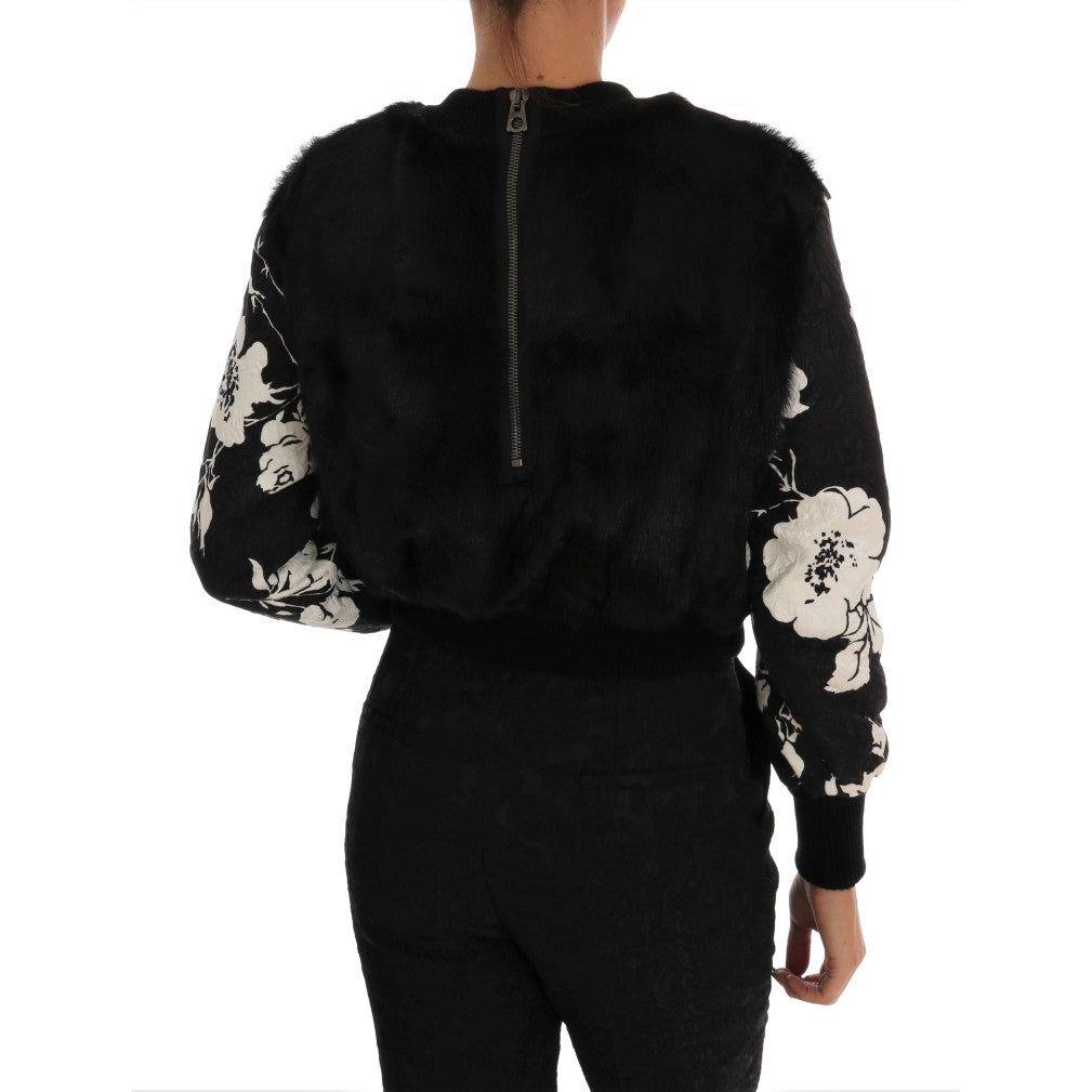 Dolce & Gabbana Black Fur Floral Brocade Zipper Sweater
