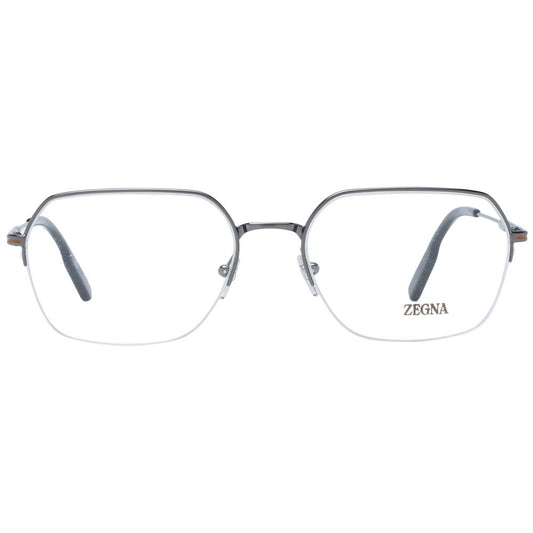 Ermenegildo Zegna Gray Men Glasses Frame gunmetal half-rim rectangle style with demo lenses, metal frame, size 55-18-145, includes branded case.