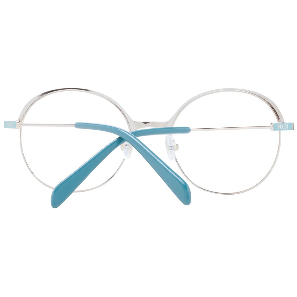 Emilio Pucci Turquoise Women Glasses Frame in full-rim round style, metal material with turquoise accents, size 51-19-140.