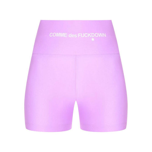 Comme Des Fuckdown purple polyester biker shorts with front logo print, stretch lycra design.