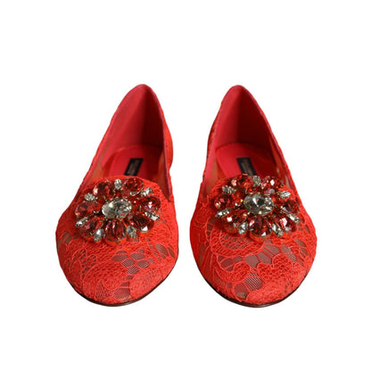 Dolce & Gabbana Coral Lace Crystal Ballet Flats Loafers Shoes