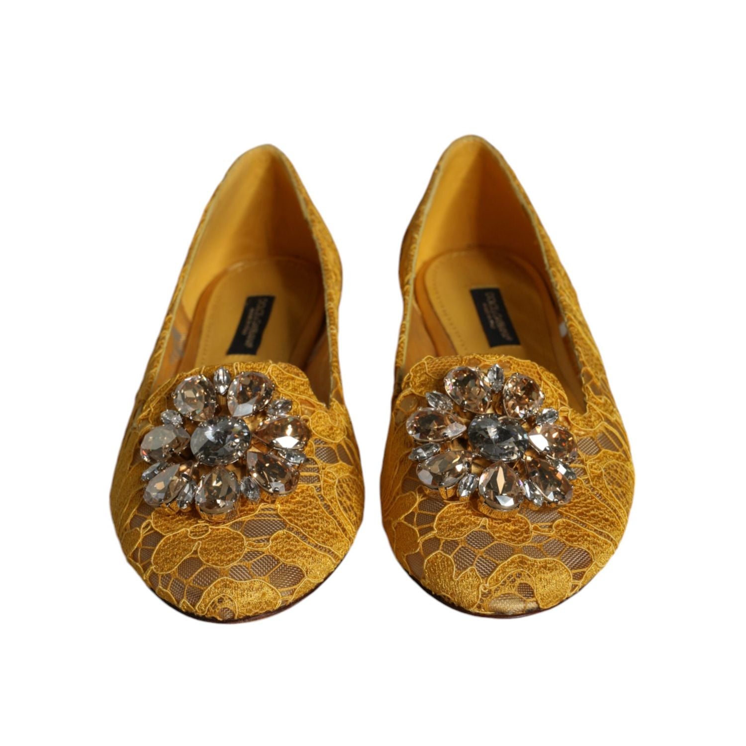 Dolce & Gabbana Mustard Lace Crystal Ballet Flats Loafer Shoes