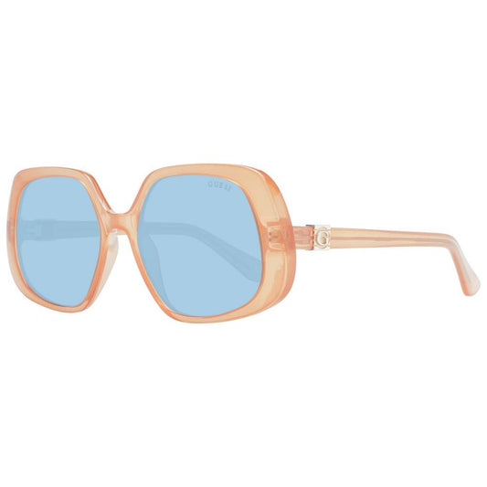 Guess brown women's square sunglasses with blue lenses, full-rim plastic frame, 100% UVA & UVB protection, includes branded case.