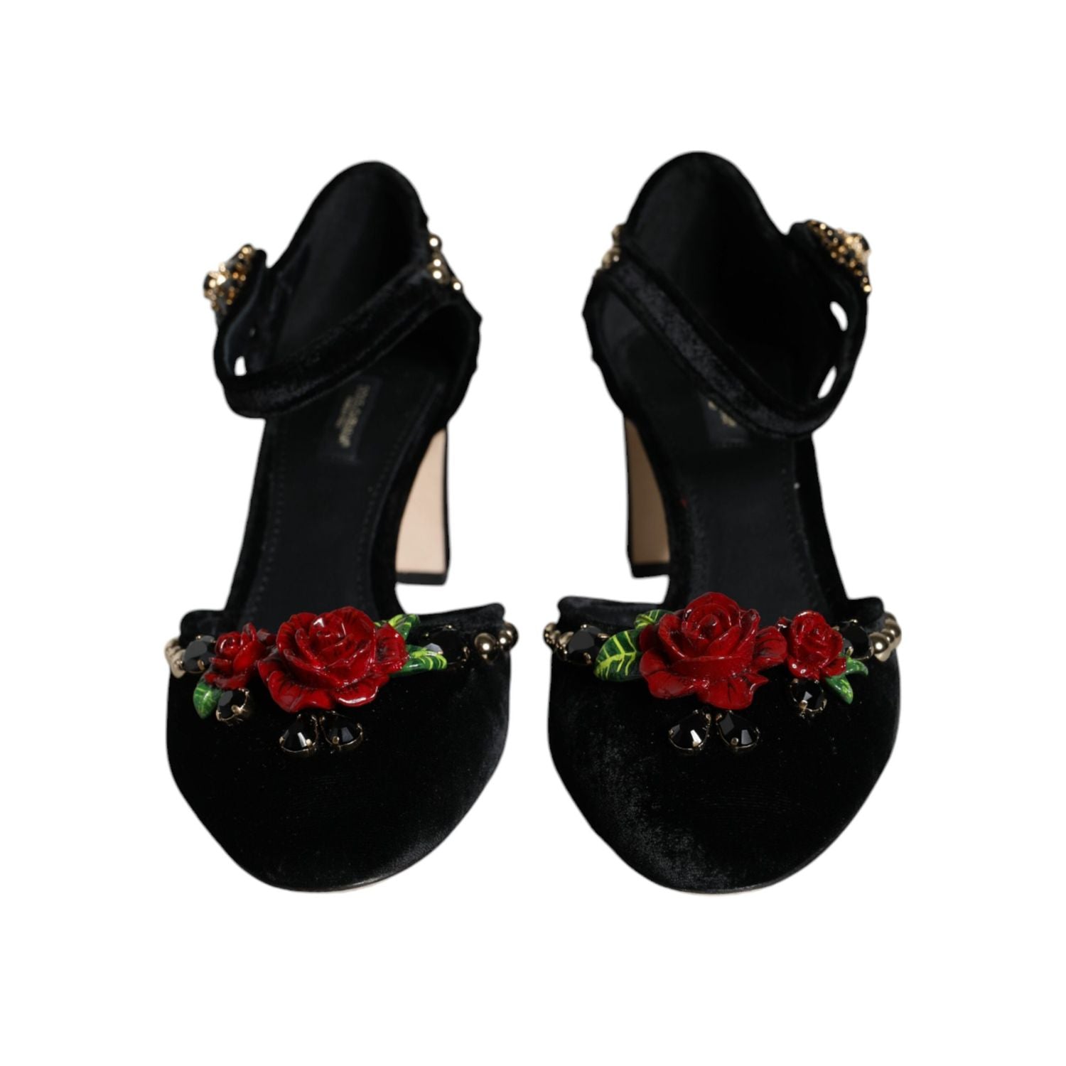 Dolce & Gabbana Black Velvet Roses Ankle Strap Pumps Shoes
