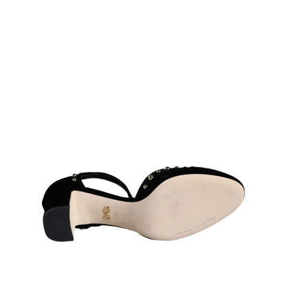 Dolce & Gabbana Black Velvet Roses Ankle Strap Pumps Shoes