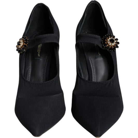 Dolce & Gabbana Black Mary Jane Jersey Crystal Pumps with logo detail, leather sole, authentic Italian design, minor wear visible