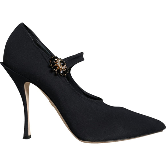 Dolce & Gabbana black Mary Jane jersey crystal pumps, elegant heels with logo detail, made in Italy, luxurious high-fashion footwear.
