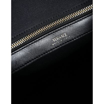 Versace Black Top Handle Canvas Leather Logo Crossbody Tote Bag