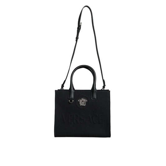 Versace Black Top Handle Canvas Leather Logo Crossbody Tote Bag
