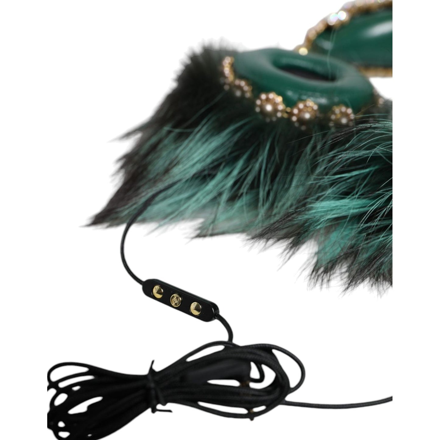 Dolce & Gabbana Green Gold Crystal Fur Headset Audio AUX Headphones