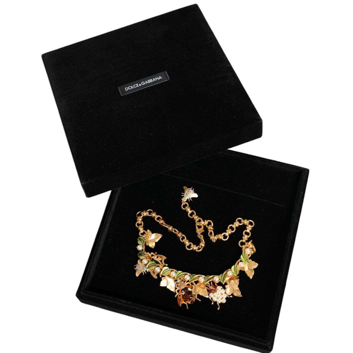 Dolce & Gabbana Gold Brass Crystal Bug Charm Pendant Statement Necklace