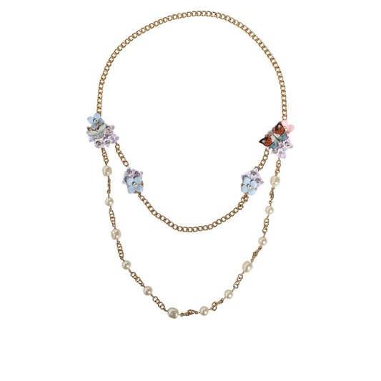 Dolce & Gabbana Gold Chain Brass Floral Layered Crystal Pearl Necklace