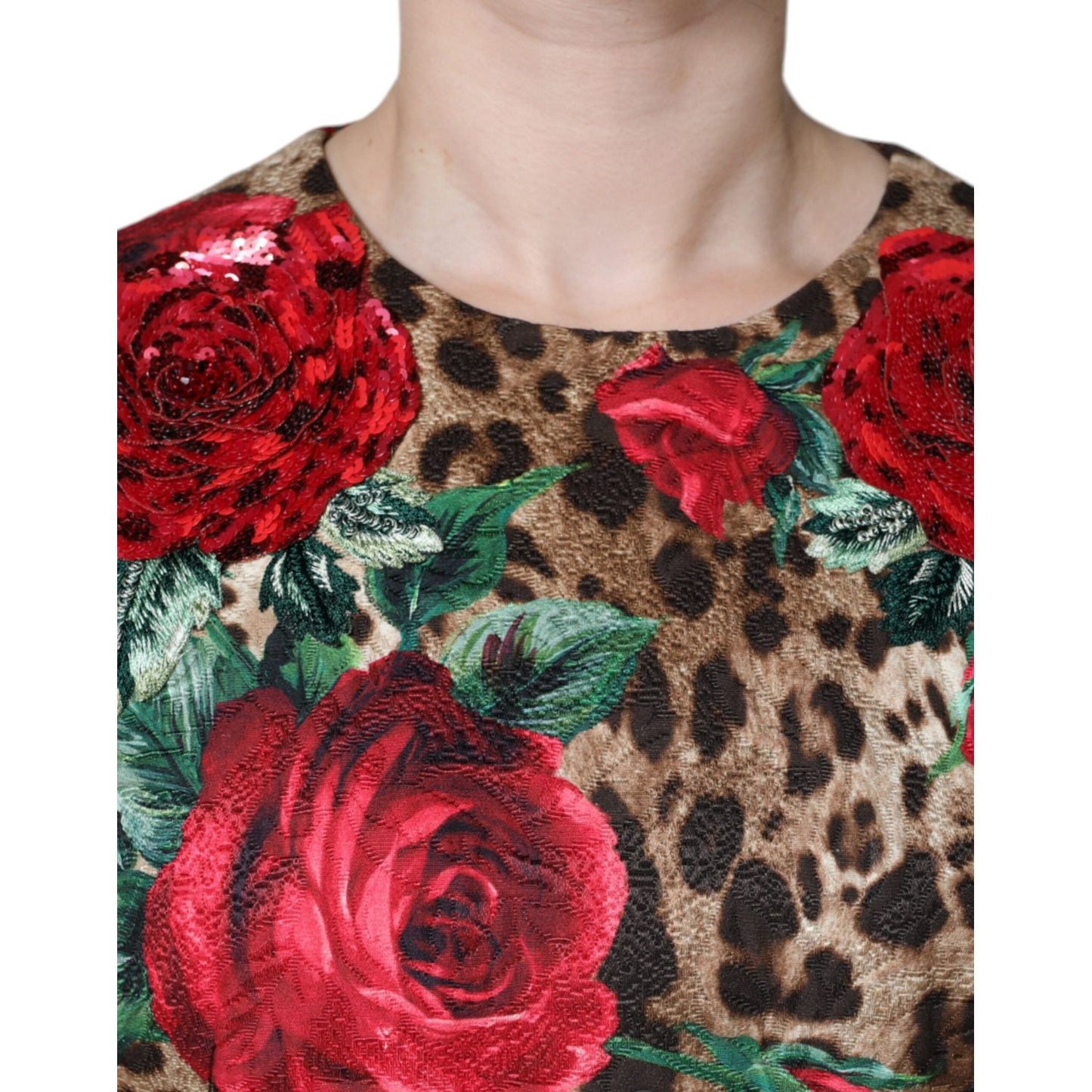 Dolce & Gabbana Brown Leopard Red Roses Cotton A-line Dress DR281207-40