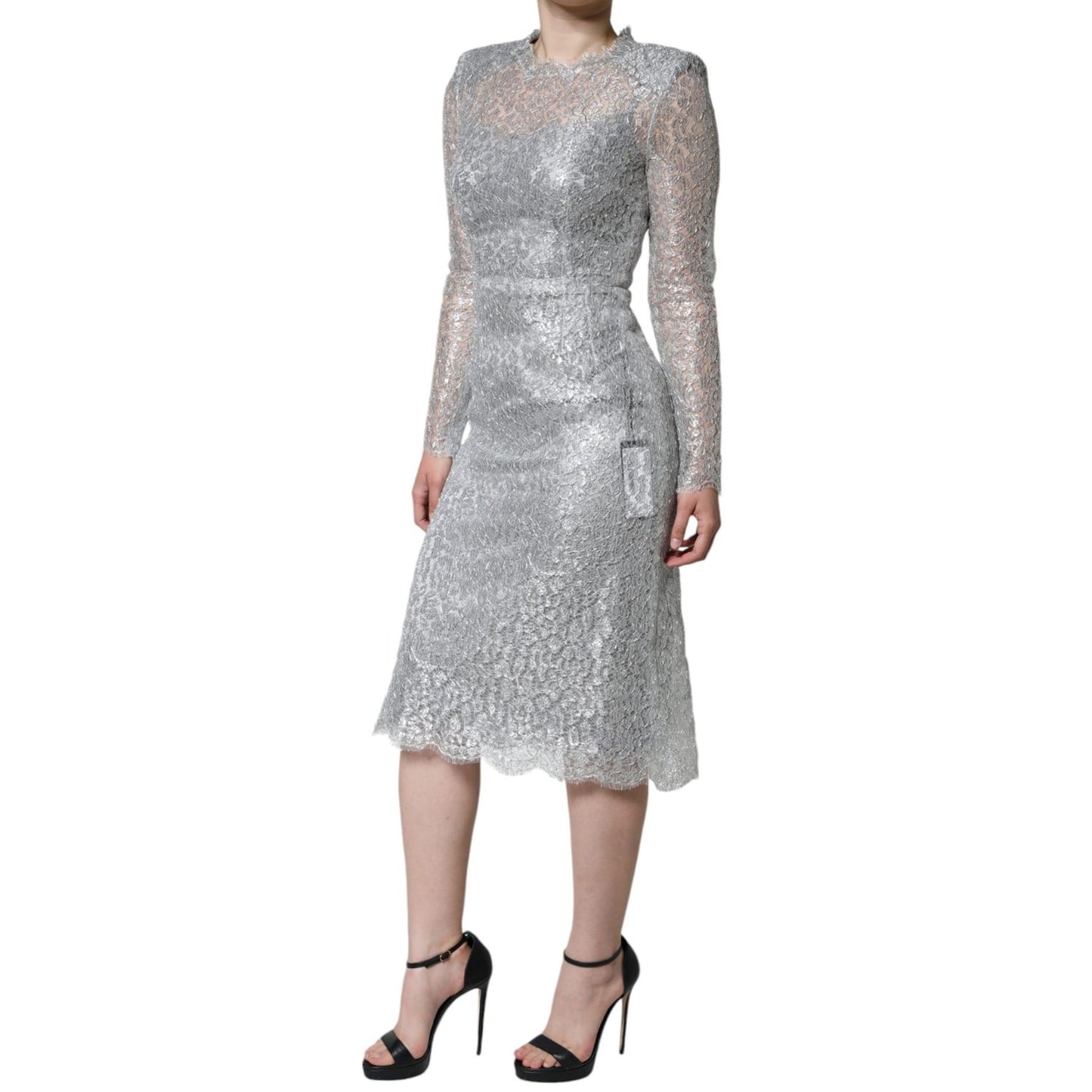 Dolce & Gabbana Silver Floral Lace Bodycon Sheath Midi Dress