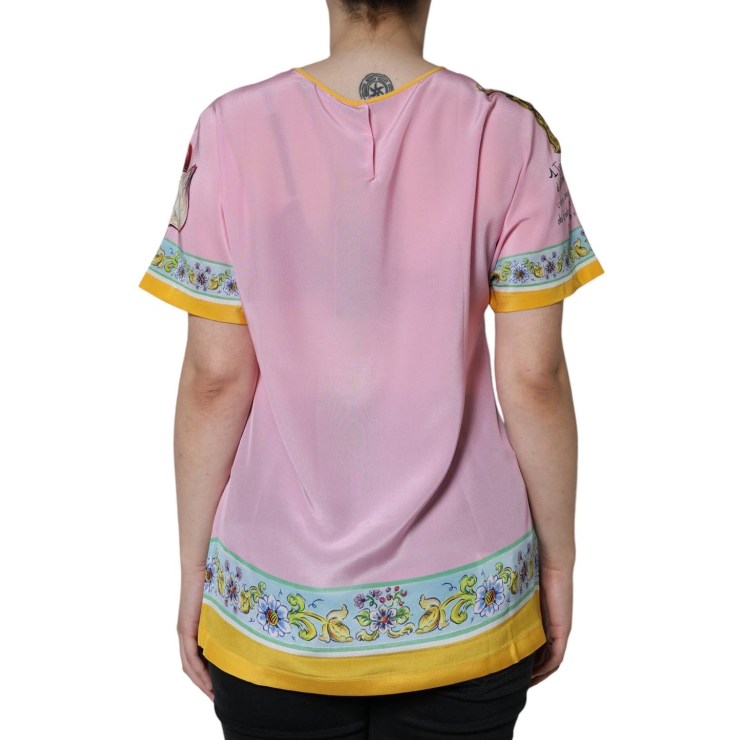 Dolce & Gabbana Pink Silk Araneine Siciliana Print Short Sleeves Top