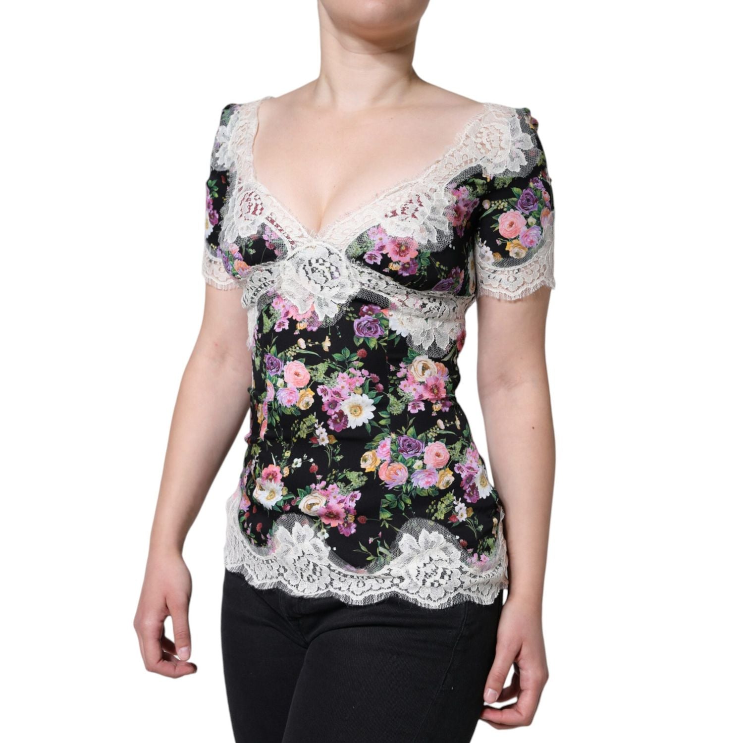 Dolce & Gabbana Black Floral Lace Short Sleeves Blouse Top