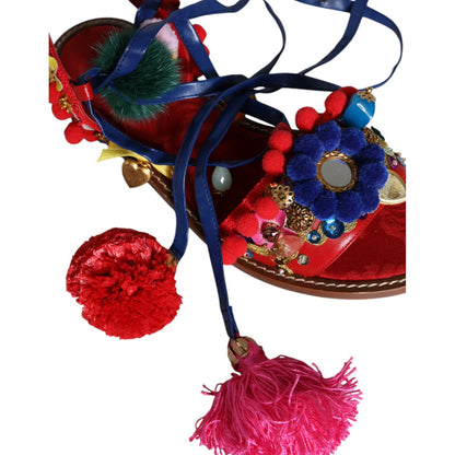 Dolce & Gabbana Multicolor Pom Pom Fur Wrap Sandals Shoes