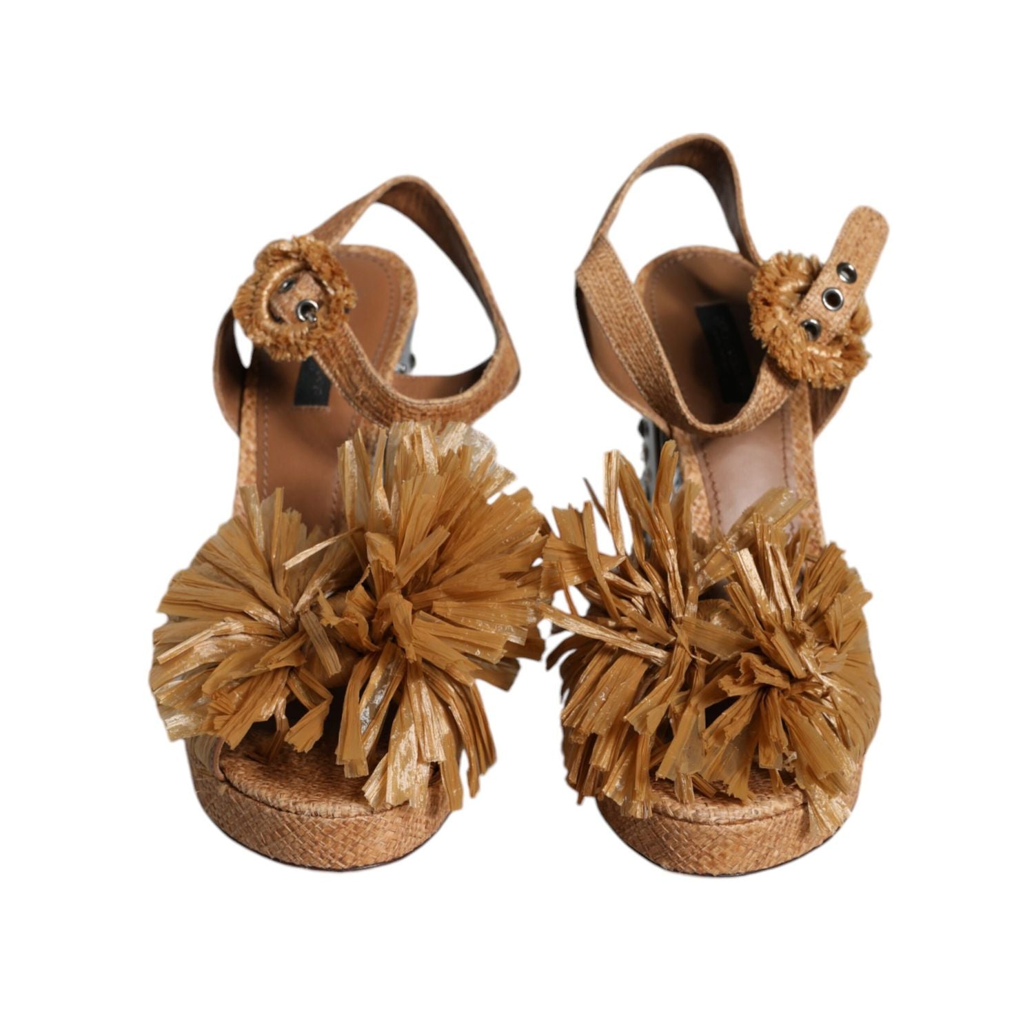 Dolce & Gabbana Brown Raffia Ankle Strap Crystal Sandals Shoes